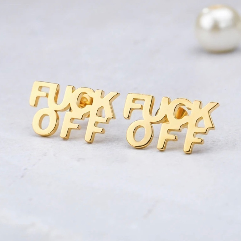 NEW 18K Gold Plated “F*ck Off” Post Stud Earrings Over 316L Stainless Steel - Picture 1 of 6